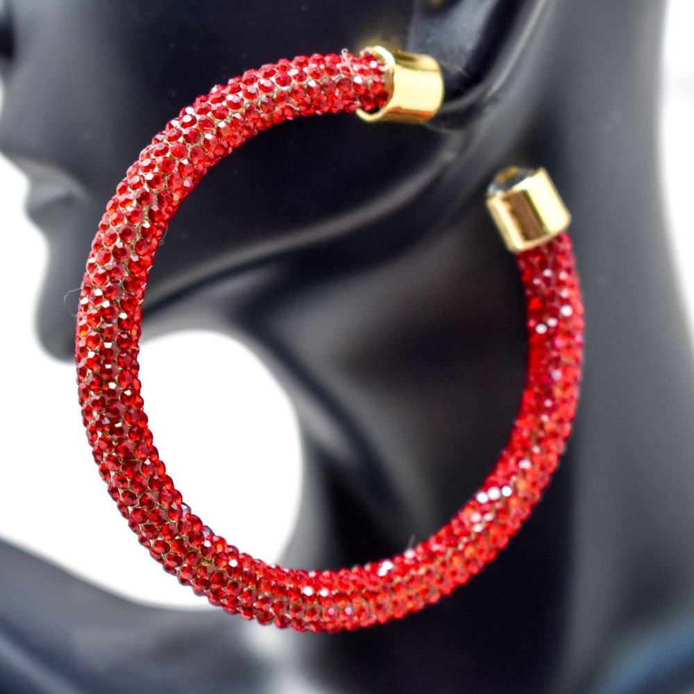 2.5" Red Boho Pave Rhinestone Wrap Hoop Earrings